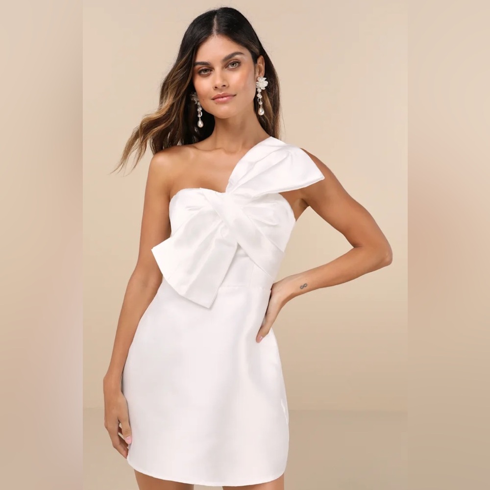 Lulus Utterly Pretty White Bow One-Shoulder Mini Dress with Pockets